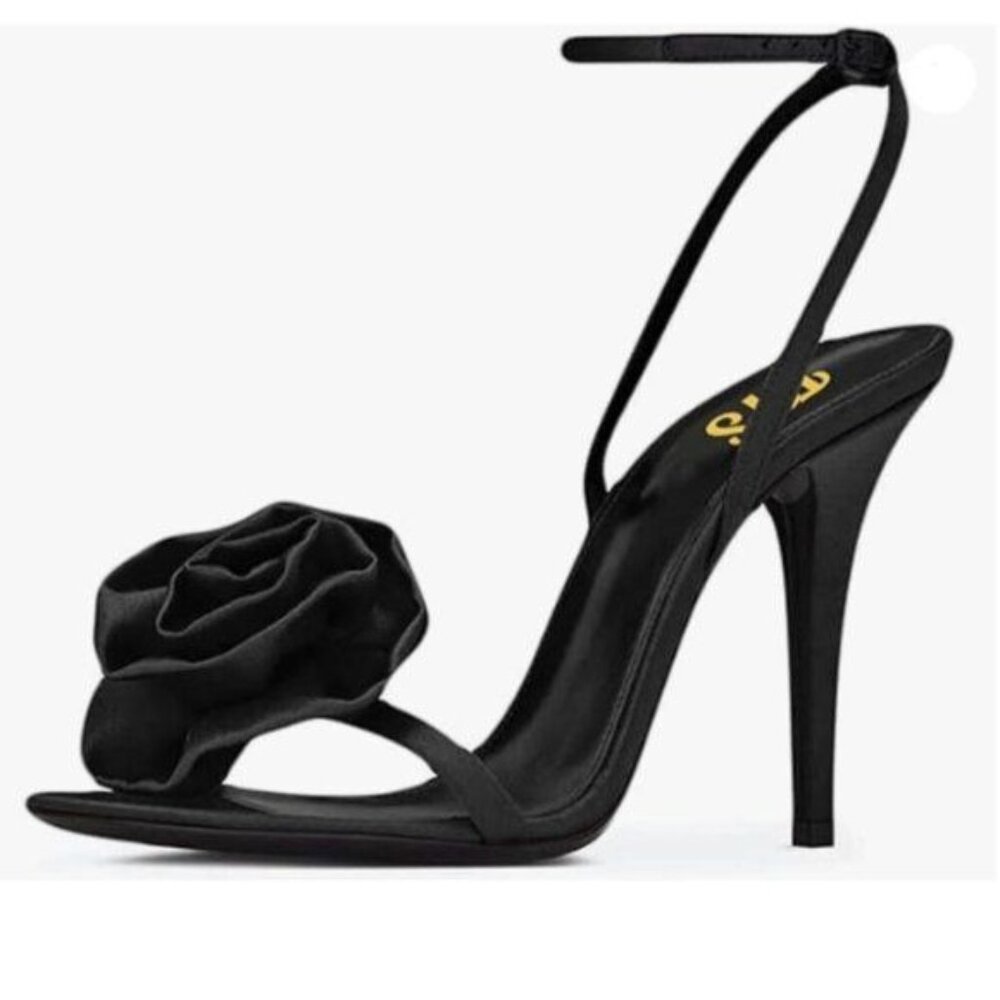 FYS Women Floral Round Toe Stiletto Sandals Sexy Ankle Strap High Heels Black